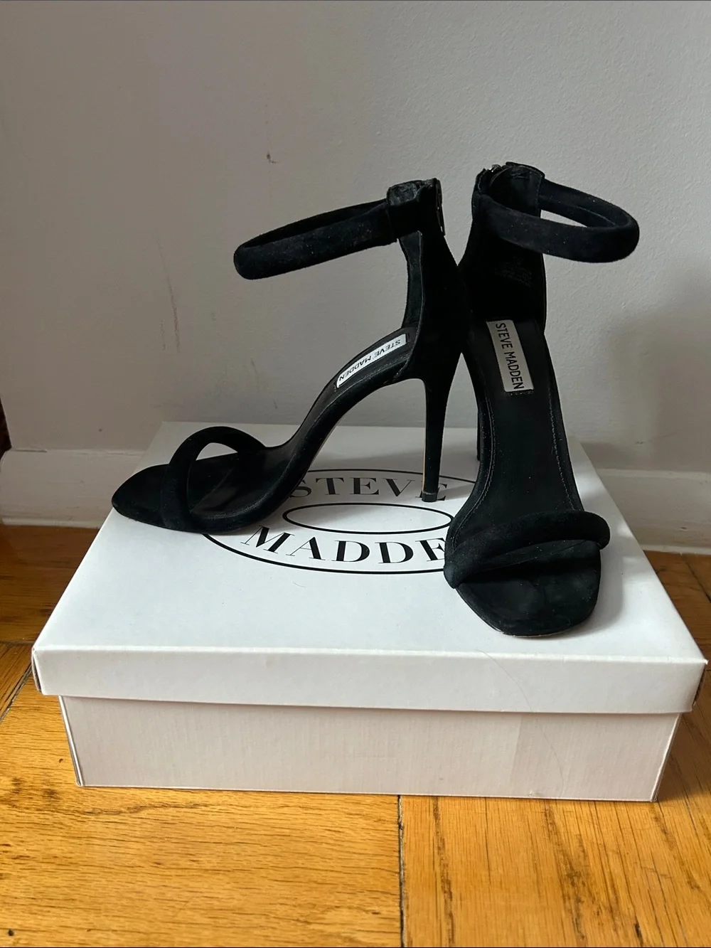 Steve Madden Fancci Black Suede Ankle-Strap Stiletto Sandals - Picture 2 of 4